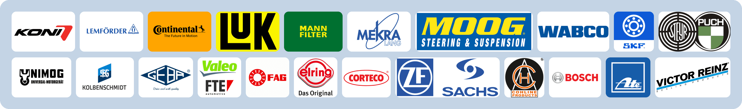 Koni 7, Lemforder, Continental: The Future in Motion,  LUK, Mann Filter, MEKRA LANG, MOOG Steering &amp; Suspension, WABCO, SKF, STYER PUCH, UNIMOG, KOLBENSCHMIDT, GEBA: Drive cool with quality, Valeo FTE automotive, FAG, elring das original, Corteco, ZF, SACHS, Cohline Products, BOSCH, ATE, Victor Reinz Sealing Products