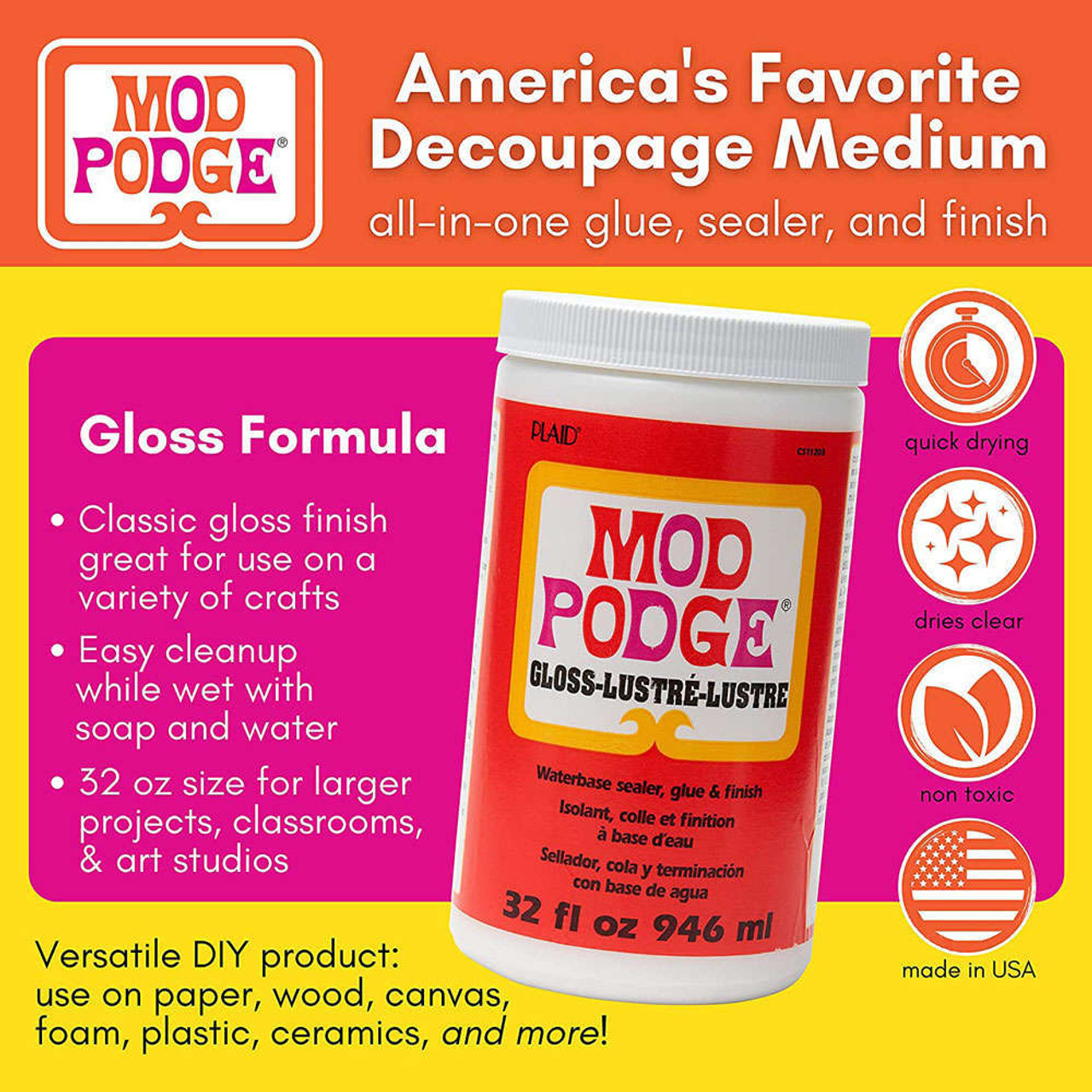 Mod Podge Sparkle Water Based Sealer, Glue and Finish 8 fl oz (236ml) - Old  Mill Quilting