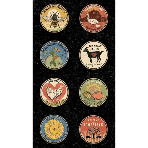 Clothworks Homesteading Multi Round Signs Panel Fabric Y4603-3