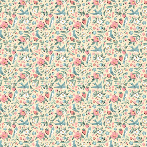 Poppie Cotton Grannys Sewing Room Blue Birds Berries Yellow Fabric by Sheri McCulley GS25901