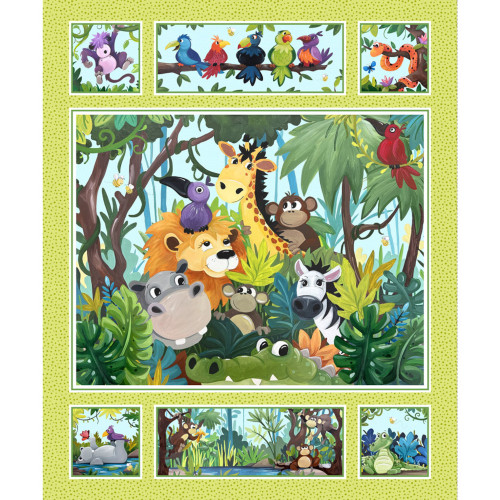 Clothworks Susybee Jungle Friends Panel Lime Fabric by SB20441-815