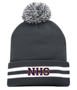 Newmarket High School Iron Grey and White Striped Pom Toque - Purple on gold