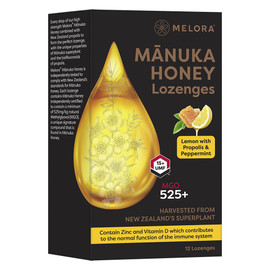 Melora MGO525+ Manuka Honey Lemon with Propolis & Peppermint - 12 Lozenges Melora MGO525+ Manuka Honey Lemon with Propolis & Peppermint - 12 Lozenges