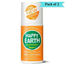 Happy Earth Natural Deodorant Roll-On Rose Petitgrain - Pack of 2 (75ml each)