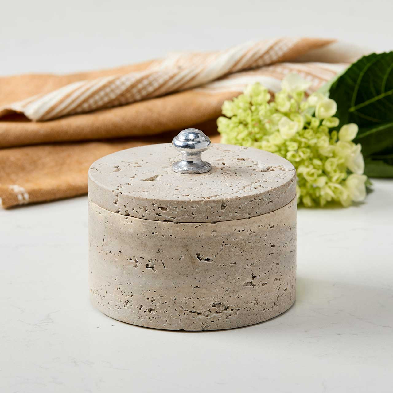 Eco-Friendly Countertop Storage | Travertine Stone Container