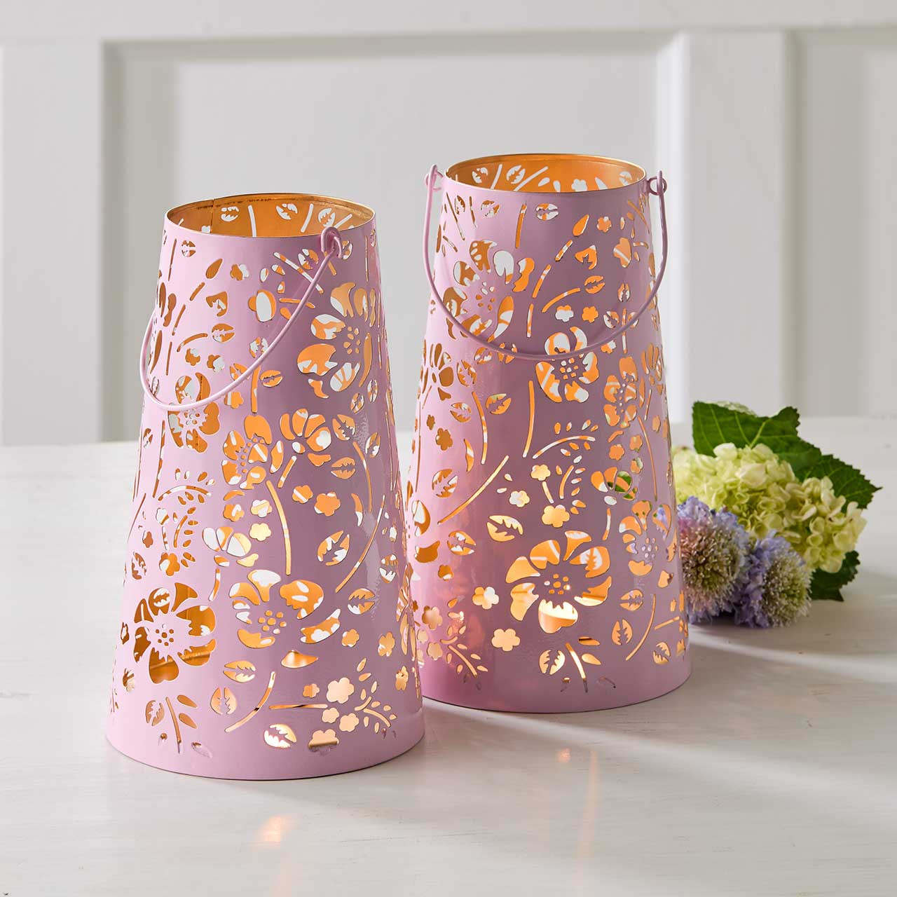 Set of 2 Large Pink Floral Metal Candle Lanterns | SERRV