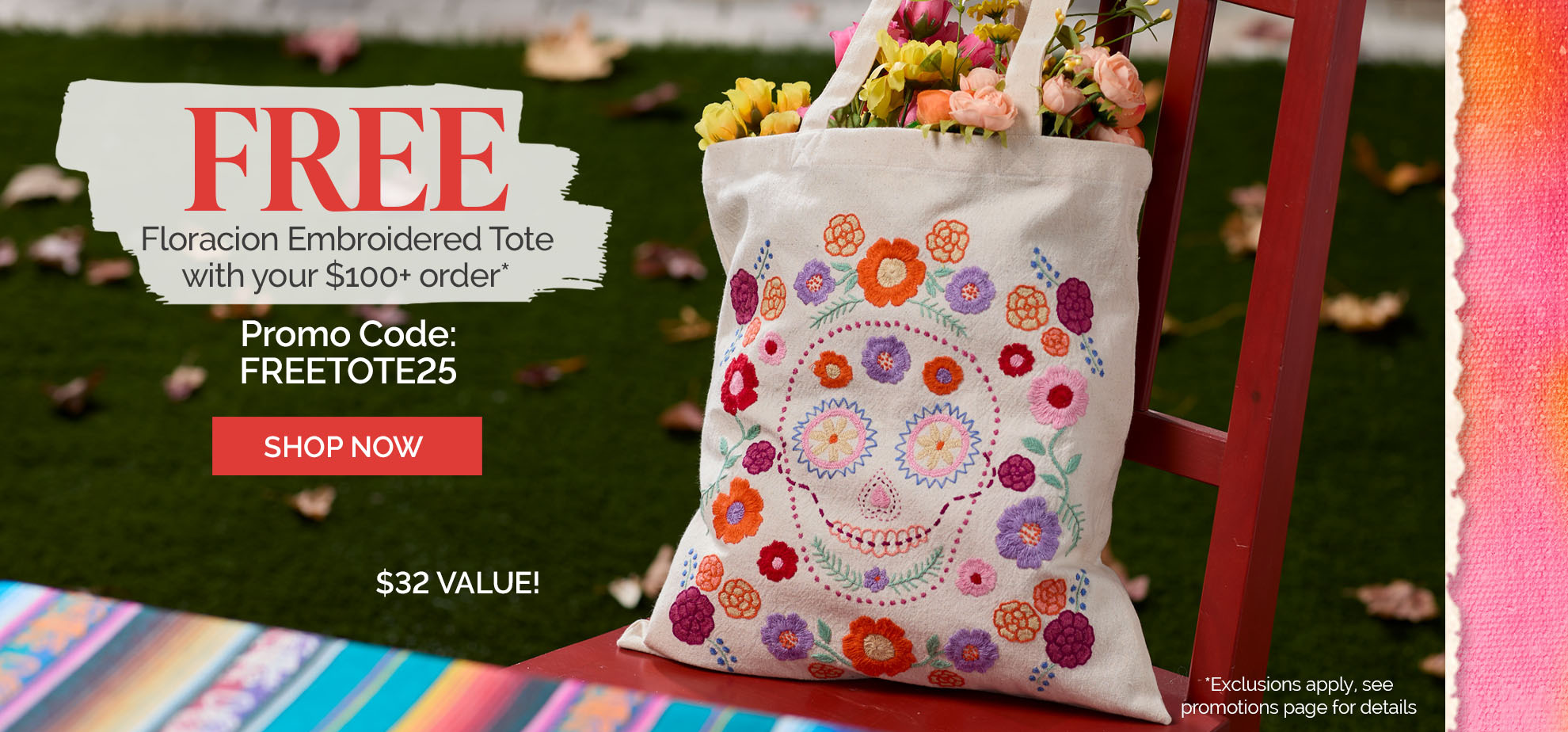 FREE embroidered tote bag with your $100+ purchase