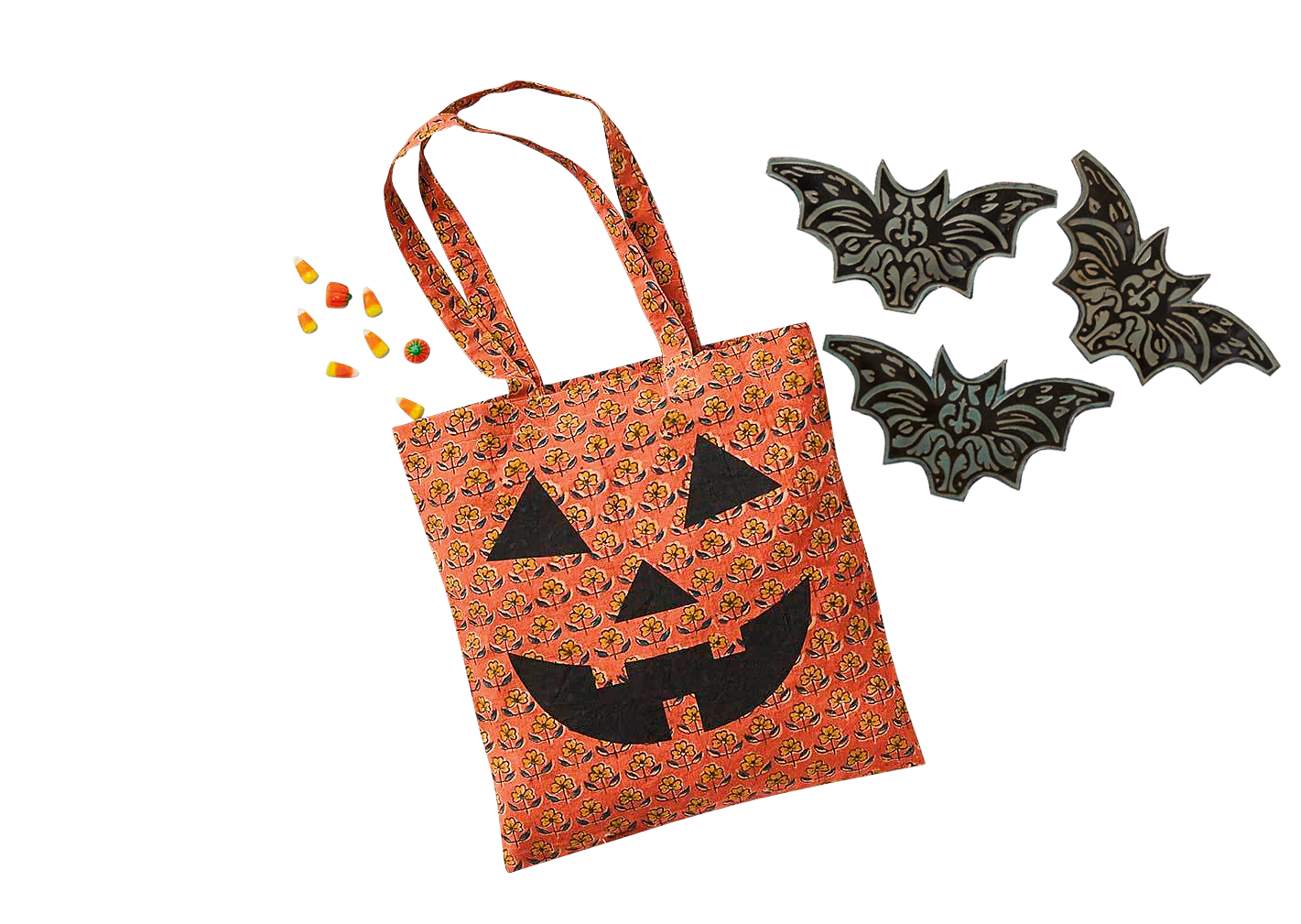 Block-printed kalamkari tote for trick-or-treating