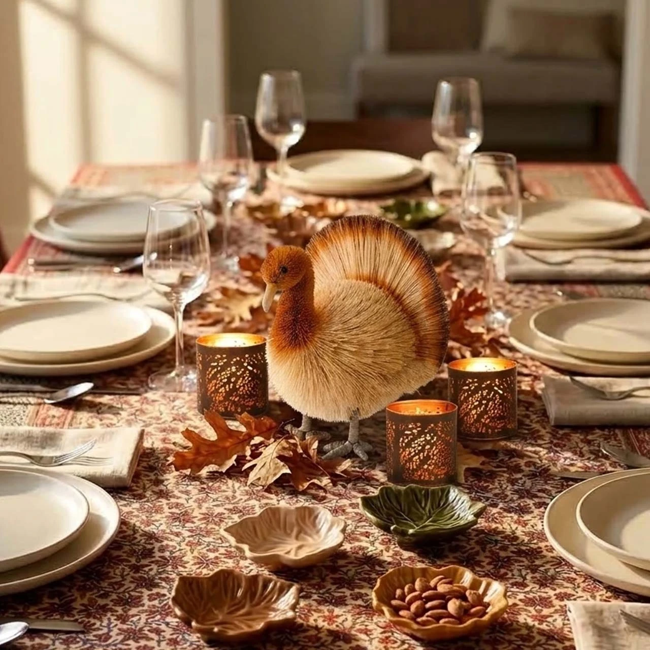 Fall table with wooden pumpkins on a block-printed tablecloth with simple place settings