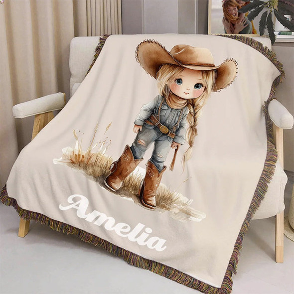 Personalized Cartoon Cowboy Tassel Blanket with Name