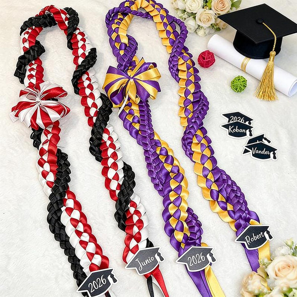Personalized Tri-Color Graduation Lei, Acrylic Name & Year Ends, Custom 3 Ribbon Colors