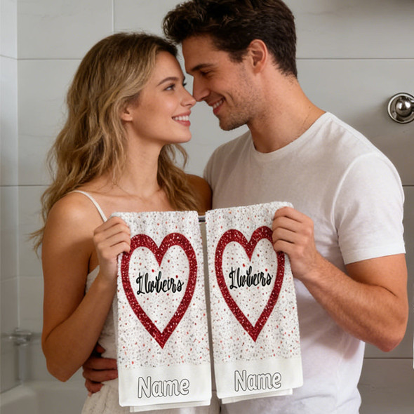 2pcs Personalized Red & White Glitter Heart-Shaped Towels with Custom Name