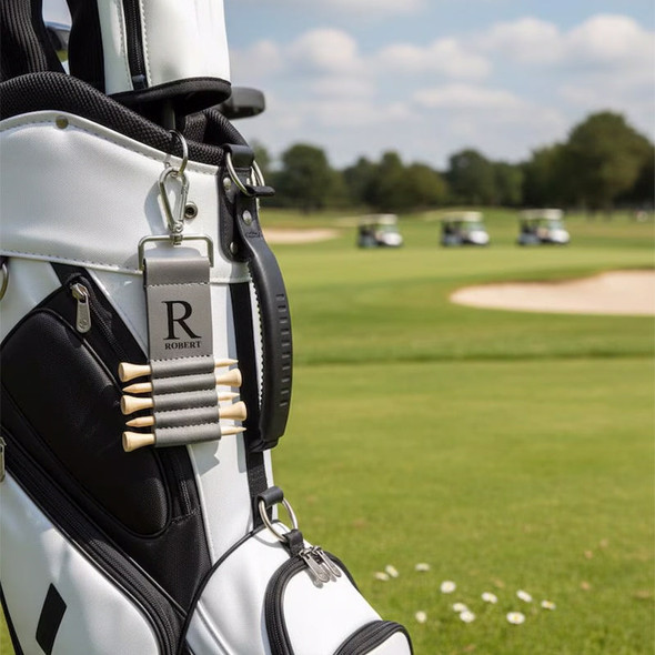 Engraved Leather Golf Bag Tag, Personalized Golf Tee Holder