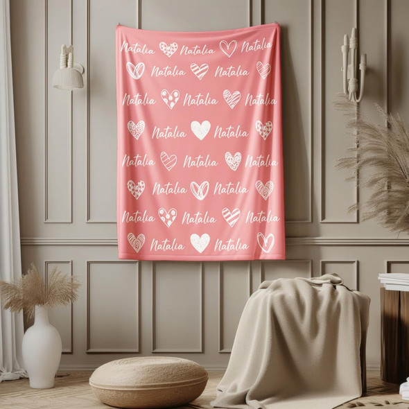 Custom Name Valentine Blanket, Personalized Heart Throw