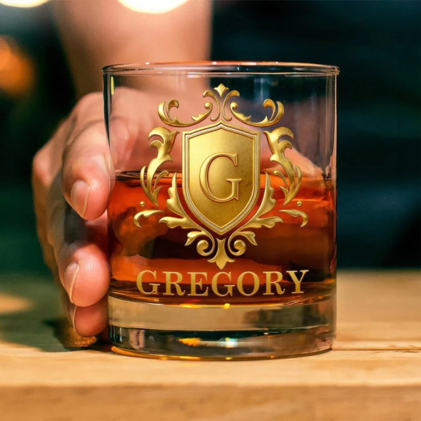 Personalized Golden Shield Initial Name Rock Whiskey Glass