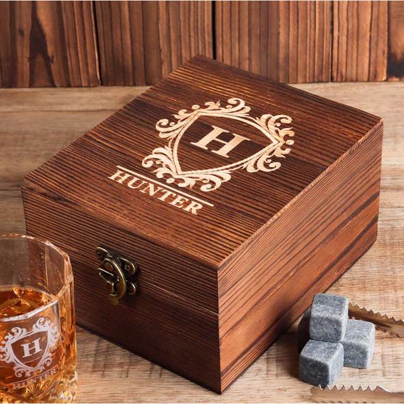 Personalized Whiskey Glass Set with Engraving Wooden Box