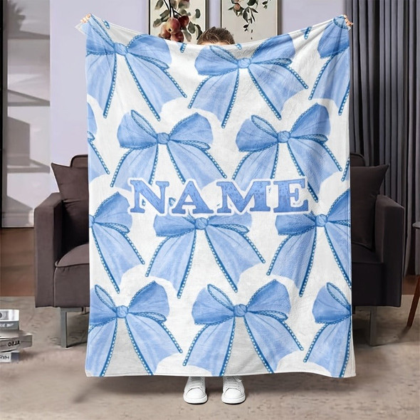 Customizable Name Light Blue Bowknot Pattern Flannel Fleece Blanket