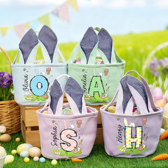 Personalized Cute Bunny Ears Polka Dot Initial Easter Basket