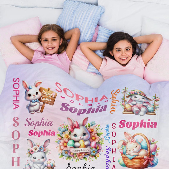 Custom Kids Name Blanket, Personalized Baby Easter Bunny Blanket