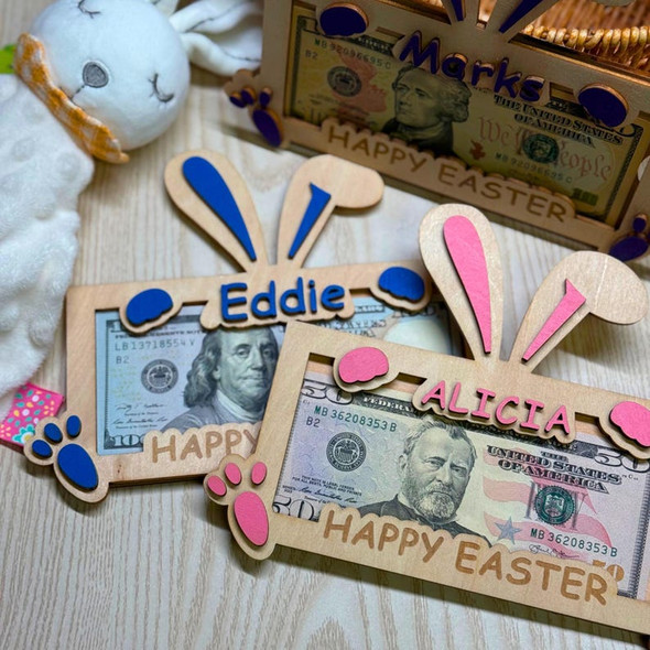 Personalized Easter Bunny Money Holder: Engraved Wooden Gift Tag