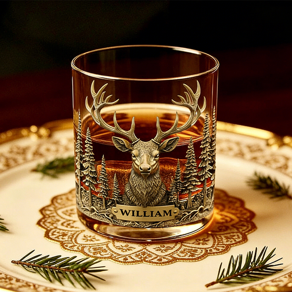 Deer Hunter Whiskey Glass Golden, Personalized Whiskey Glass
