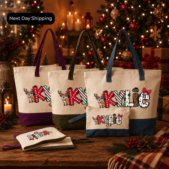Personalized Christmas Name Tote Bag, Custom Holiday Tote with Name, Festive Christmas Gift Bag
