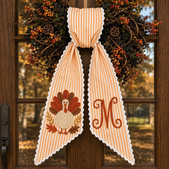 Custom Thanksgiving Door Sash Wreath Sash, Personalized Pumpkin Initial Wreath Bow