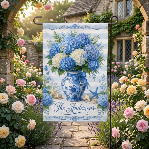 Personalized Blue Hydrangea Garden Flag, Custom Family Name Yard Banner
