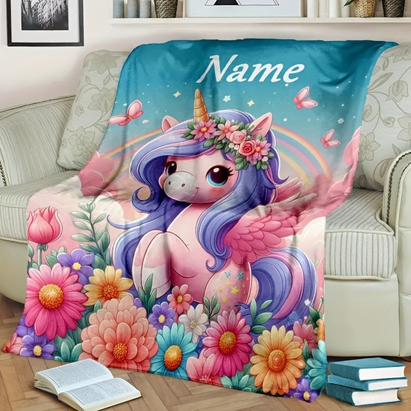 Creative Cartoon Unicorn Butterfly Floral Pattern Text Custom Flannel Print Blanket