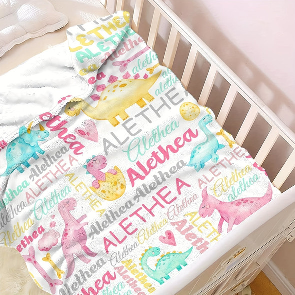 Custom Name Cartoon Dinosaur Flannel Blanket