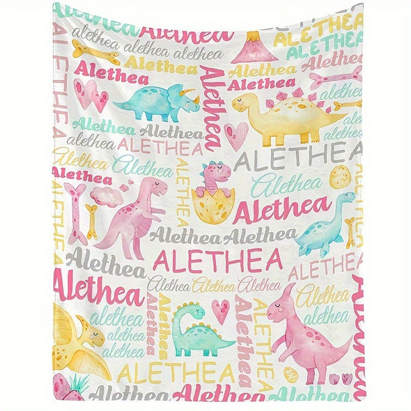 Custom Name Cartoon Dinosaur Flannel Blanket