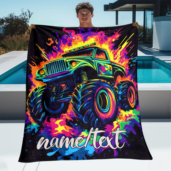 Glam Style Custom Name Monster Truck Flannel Throw Blanket