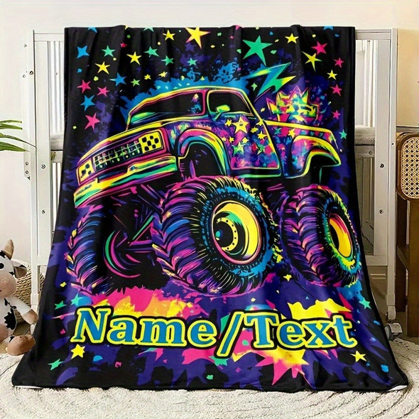 Creative Off-Road Truck Pattern Text Fleece Printed Blanket