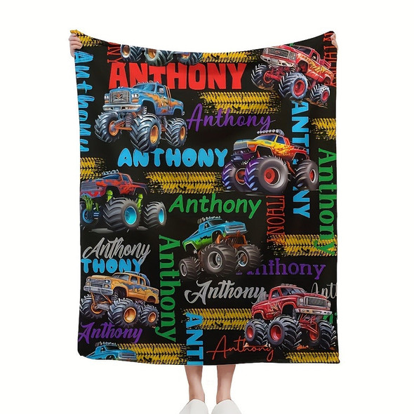 Custom Name Anthony Monster Truck Flannel Throw Blanket
