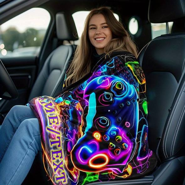 Customizable Gamer's Flannel Blanket with Vibrant Neon Gamepad Design