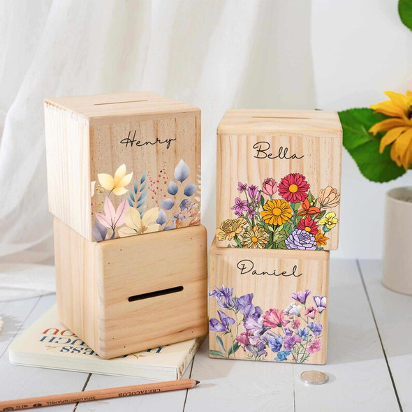 Custom Saving Bank with Kid Name, Flower Wooden Money Box Gift