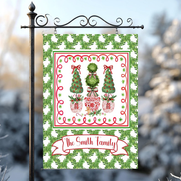 Christmas Garden Flag Personalized Family Name Gift Outdoor Holiday Topiary Tree Red Chinoiserie