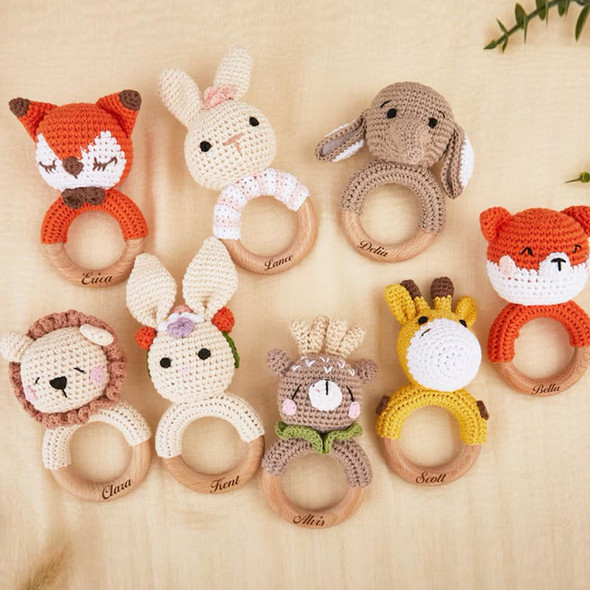 Personalized Crochet Animal Baby Rattle: Engraved Zelkova Wood