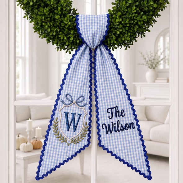 Personalized Family Crest Wreath Sash, Custom Monogram Door Bow