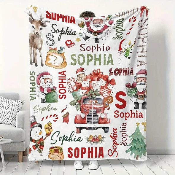 Personalized Christmas Santa Reindeer Custom Name Blanket