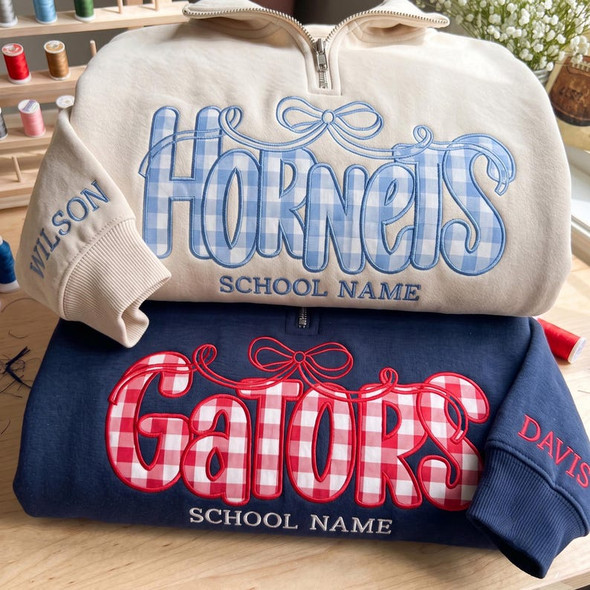 Custom Mascot  Bow Quarter Zip Sweatshirt, Personalized Applique School Spirit Pullover