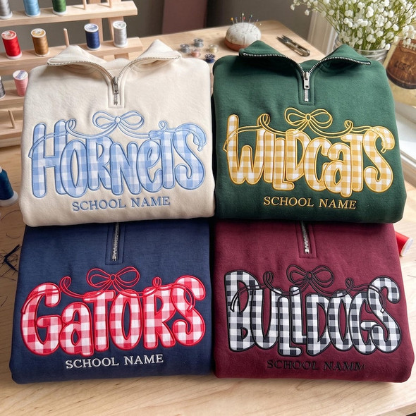 Custom Mascot  Bow Quarter Zip Sweatshirt, Personalized Applique School Spirit Pullover