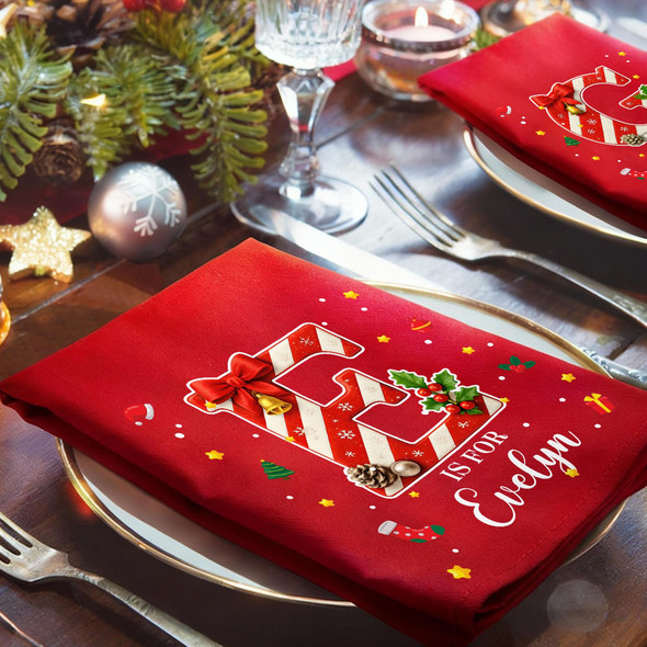 Personalized Christmas Cotton Napkin with Name | Candy Cane Initial | Party Table Decor