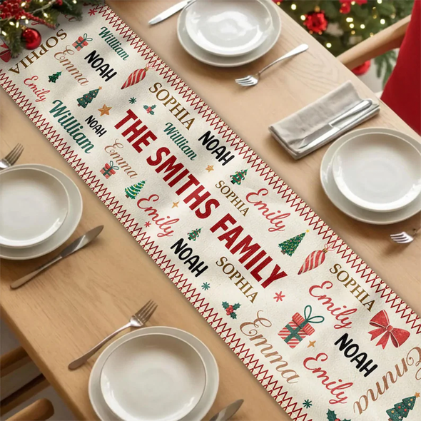 Family Name Word Christmas Theme, Personalized Table Runner