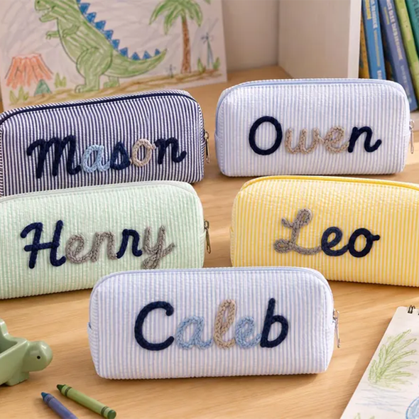 Custom Name Pencil Case for Kids, Personalized Pencil Pouch, Cute Seersucker School Supplies Bag
