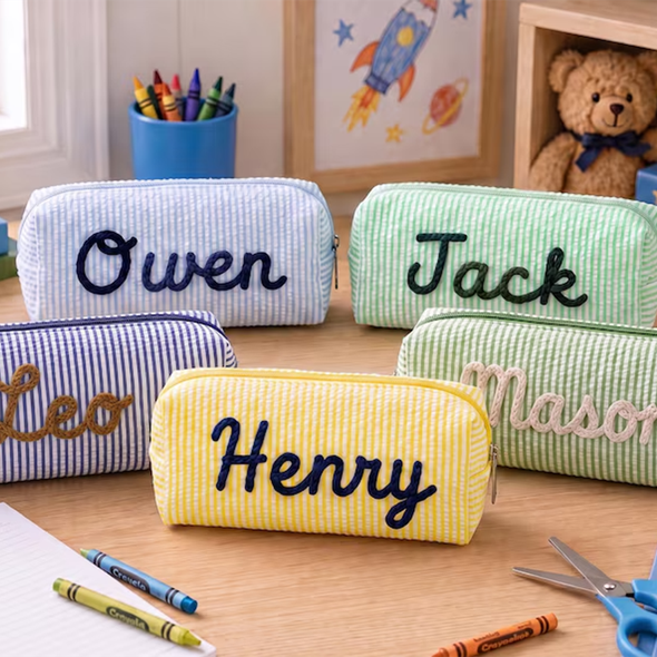 Custom Name Pencil Case for Kids, Personalized Pencil Pouch, Cute Seersucker School Supplies Bag