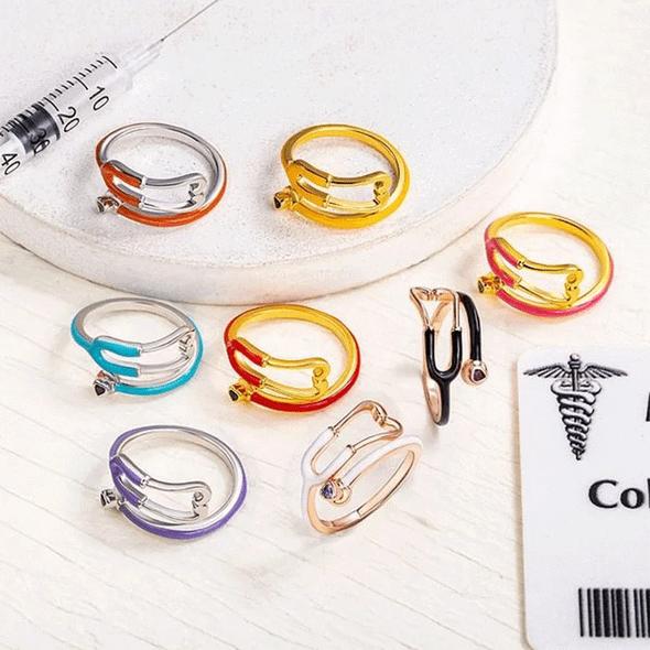 Personalized Multicolor Enamel Stethoscope Heart Birthstone Ring Nurses