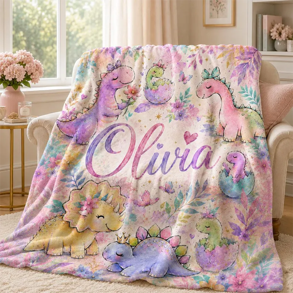 Personalized Dinosaur Blanket for Girls, Custom Baby Girl Name Blanket