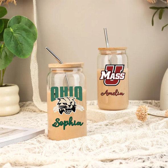Custom University Logo 16oz Glass, College Iced Coffee Glass Graduation Gift