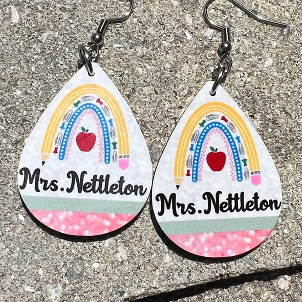 Personalized Teacher Earrings. Rainbow Pencil. Back to school